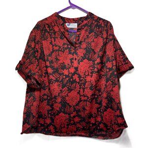 Vintage Top Notch Women's Large Short Sleeve Floral V-Neck Pull over Top Blouse